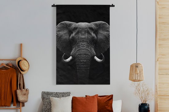 Wandkleed - Wanddoek - Dieren - Olifant - Portret - Zwart - Wit - 120x180 cm - Wandtapijt
