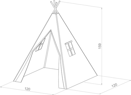 Schematische tekening van een crèmekleurige tipi tent met raampjes en afmetingen 120x120x159cm.