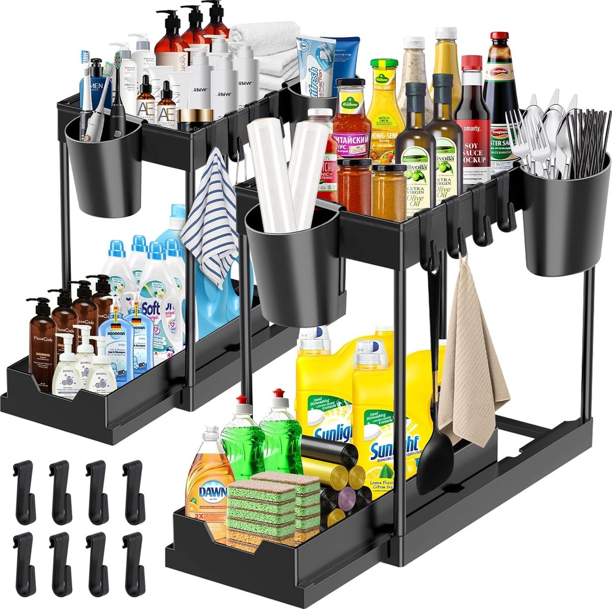 Set van 2 planken onder de gootsteen keukenorganizer op 2 niveaus met 8 haken 4 hangende kopjes keukenkastorganizer onderkastorganizer kruidenrek gootsteenorganizer voor badkamers keukens