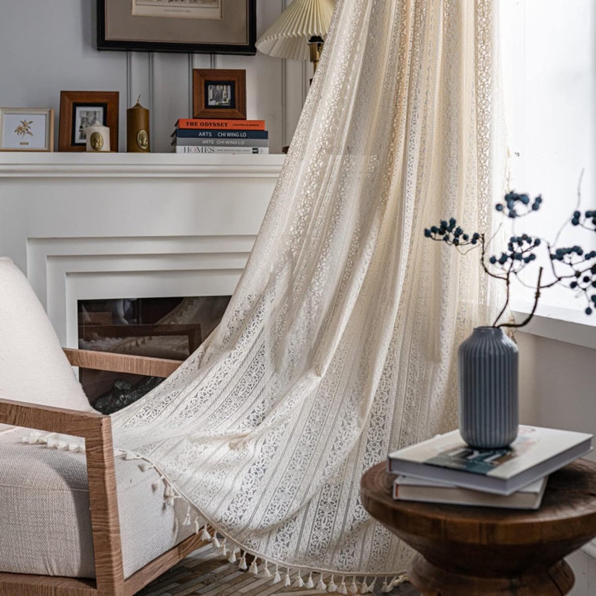 Vintage landhuisstijl gehaakt gebreid gordijn Boho Boheemse gordijnen uitgehold met kwast set van 2 gordijnen outdoor katoenen gordijnen voor woonkamer slaapkamer gordijnen 150 x 160 cm beige