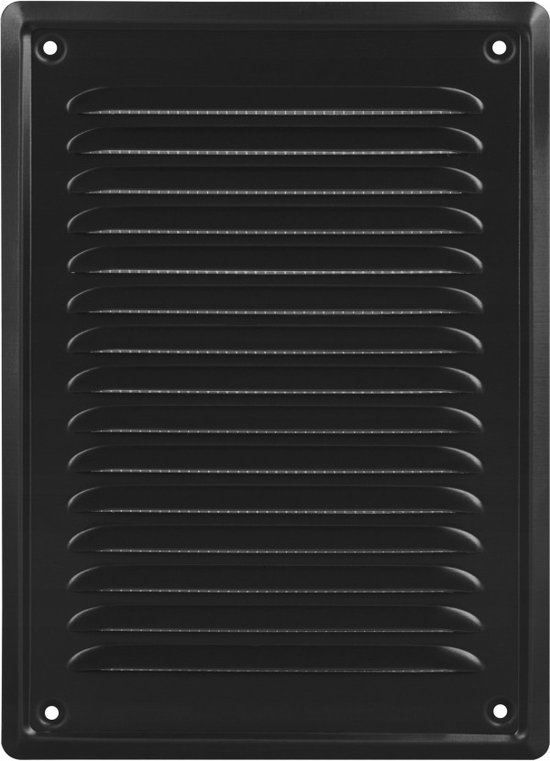 Zwart rechthoekig ventilatierooster van kunststof met horizontale lamellen.