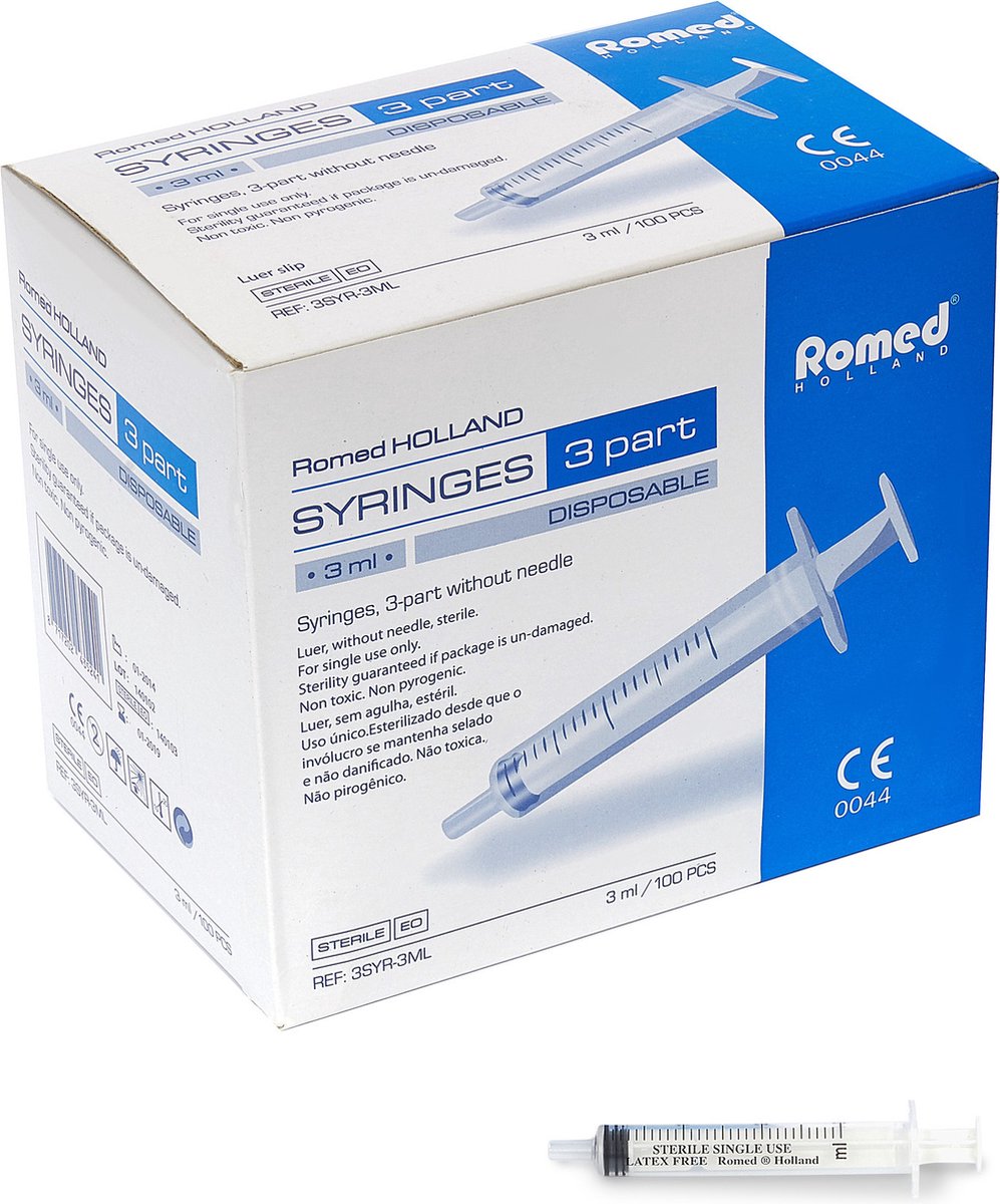 Goedkoopste Romed 3-delige injectiespuiten 3ml luer slip 500 stuks - Set van 5 doosjes Romed