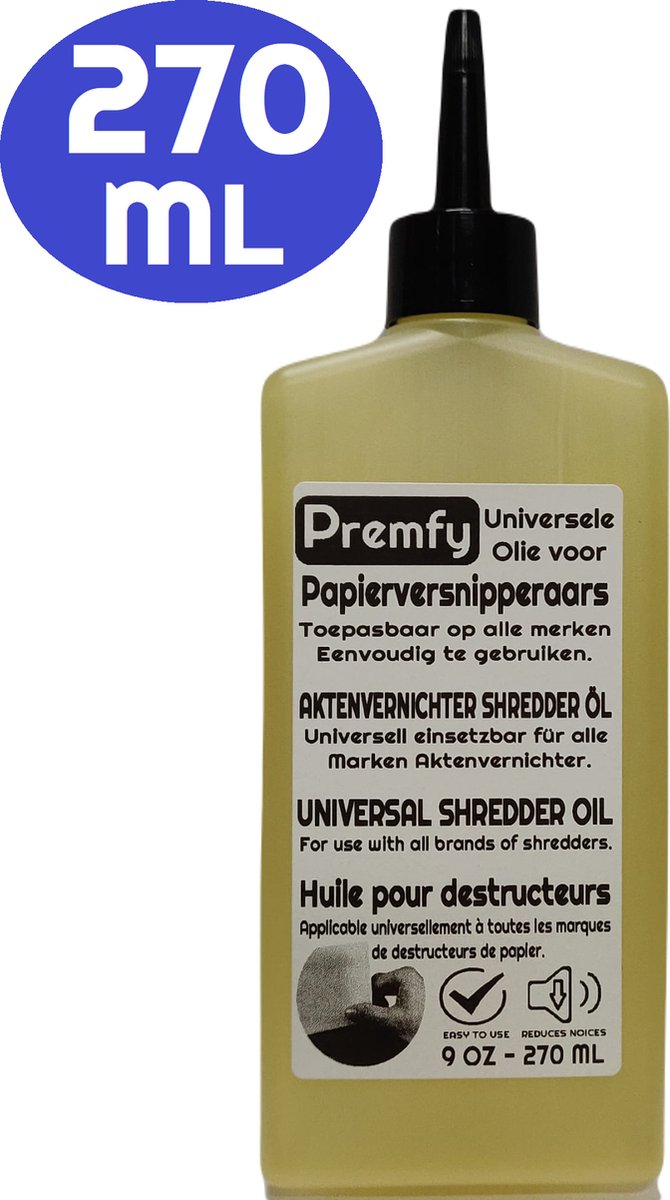 Premfy Olie voor Papierversnipperaar 270ml - Papierversnipperaar Olie - Papiervernietiger Olie - Shredder Olie - Olie voor Papiervernietiger - Papierversnipperaar Smeerolie - Universeel Toepasbaar onderhoudsmiddel op alle merken versnipperaars 270 ml