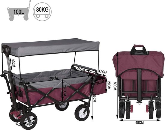 BukkitBow - Opvouwbare Bolderkar Met Dak - Inklapbare Handkar met Stalen Frame - Massief Rubberen Wielen - Tot 80 kg Belasting - Rood van BukkitBow — afbeelding 3