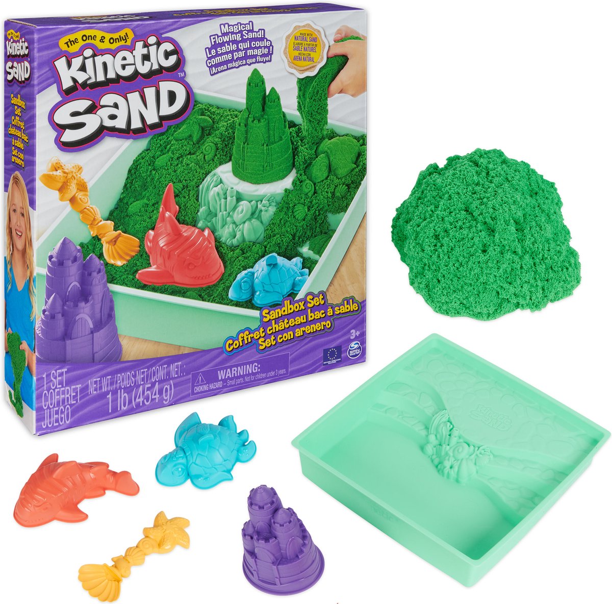 Kinetic Sand - Zandbak-set met 454 g groen origineel Kinetic Sand opbergzandbak 4 vormen en gereedschap - Sensorisch speelgoed — afbeelding 16