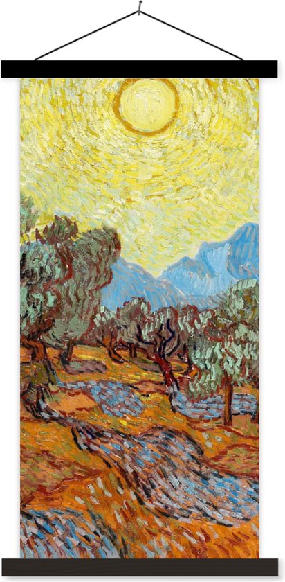Support pour affiche avec affiche 90x180 cm - Affiche scolaire - Oliviers avec ciel jaune et soleil - Vincent van Gogh - Affiche textile - Lattes noires