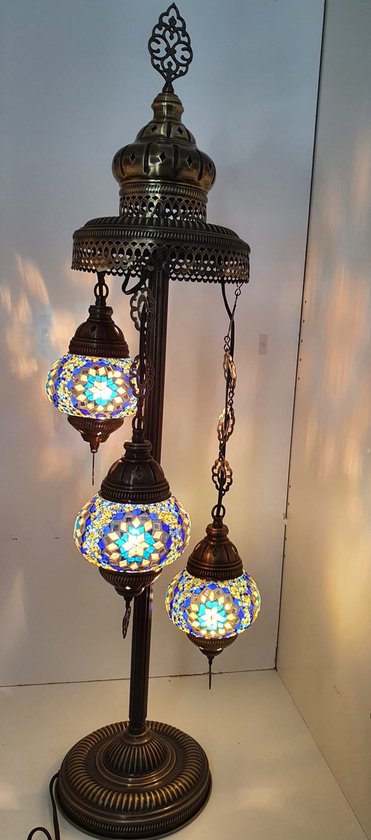 Oosterse Glans - Handgemaakte Mozaïeklamp - Staande lamp 102cm - Blauw/Geel/Wit