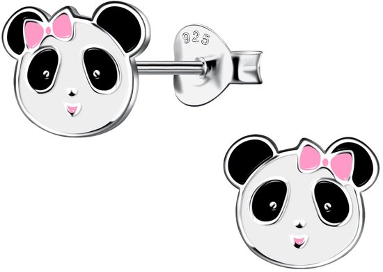 Joy|S - Zilveren panda oorbellen - met roze strikje - 7 mm - rhodium / gehodineerd - kinderoorbellen