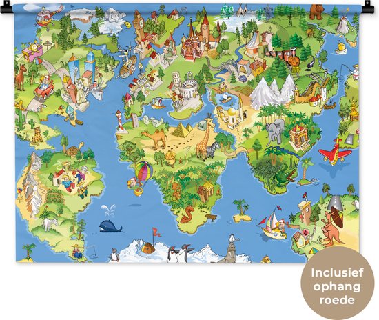 Wandkleed Eigen Wereldkaarten - Kinder wereldkaart dieren en gebouwen Wandkleed katoen 90x67 cm - Wandtapijt met foto