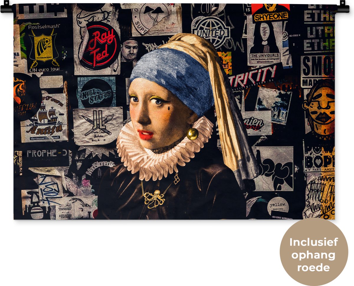 Wandkleed - Wanddoek - Meisje met de parel - Tattoo - Vermeer - 90x60 cm - Wandtapijt