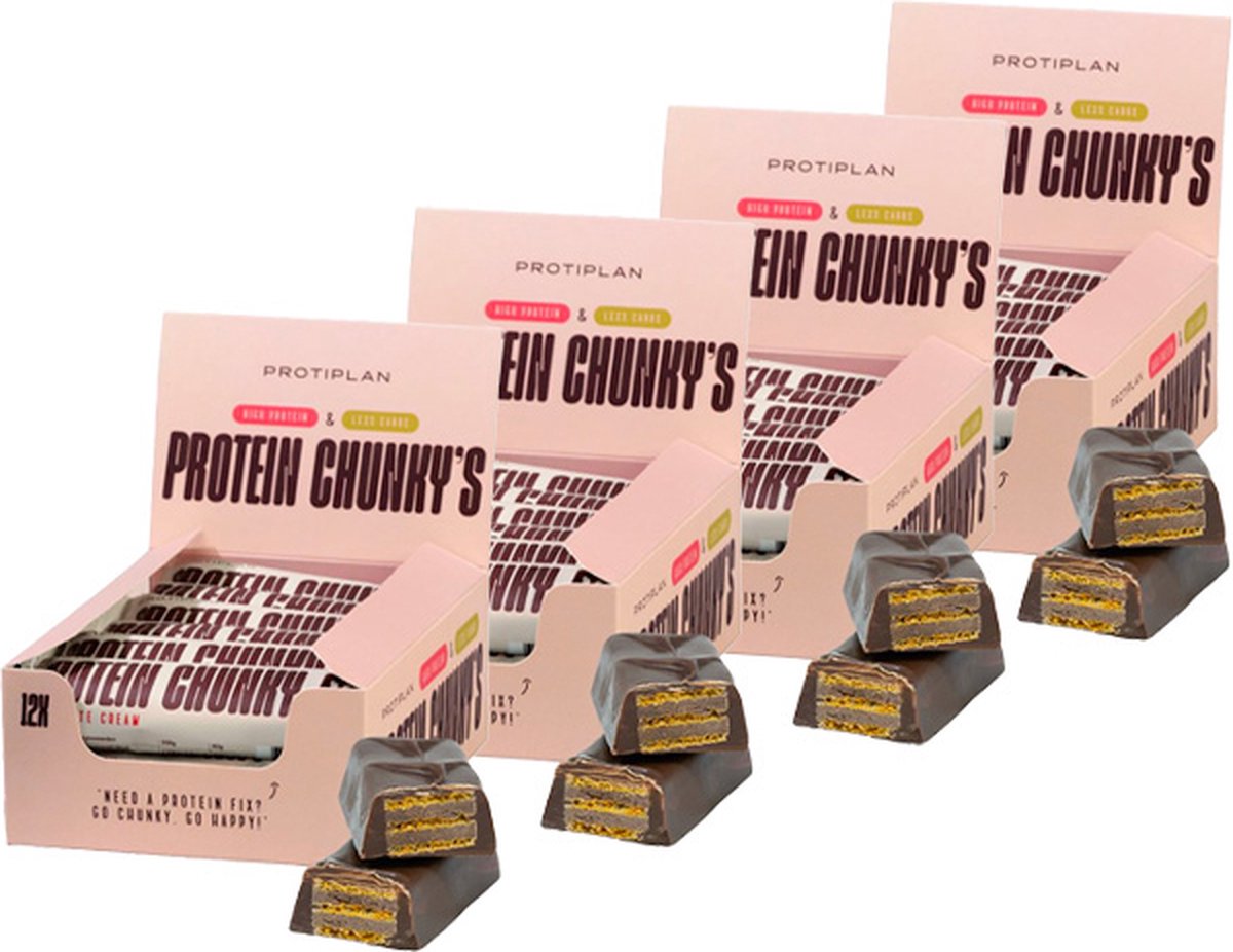 Goedkoopste Protiplan | Protein Bar Chunky Chocolate Cream | 48 stuks | 48 x 42 gram | Low carb snack | Eiwitrepen | Koolhydraatarme sportvoeding | Afslanken met Proteïne repen | Snel afvallen zonder hongergevoel!