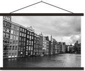 Posterhanger incl. Poster 60x40 cm - Schoolplaat - Amsterdamse grachten zwart-wit fotoprint - Textielposter - Zwarte latten