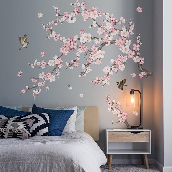 Muursticker roze kersenbloesem bloemen muursticker vogels op boom tak muursticker wanddecoratie voor woonkamer slaapkamer bank achtergrond