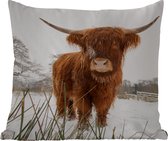 Sierkussen Schotse hooglander voor buiten - Schotse hooglander in de winter - 45x45 cm - vierkant weerbestendig tuinkussen / tuinmeubelkussen van polyester