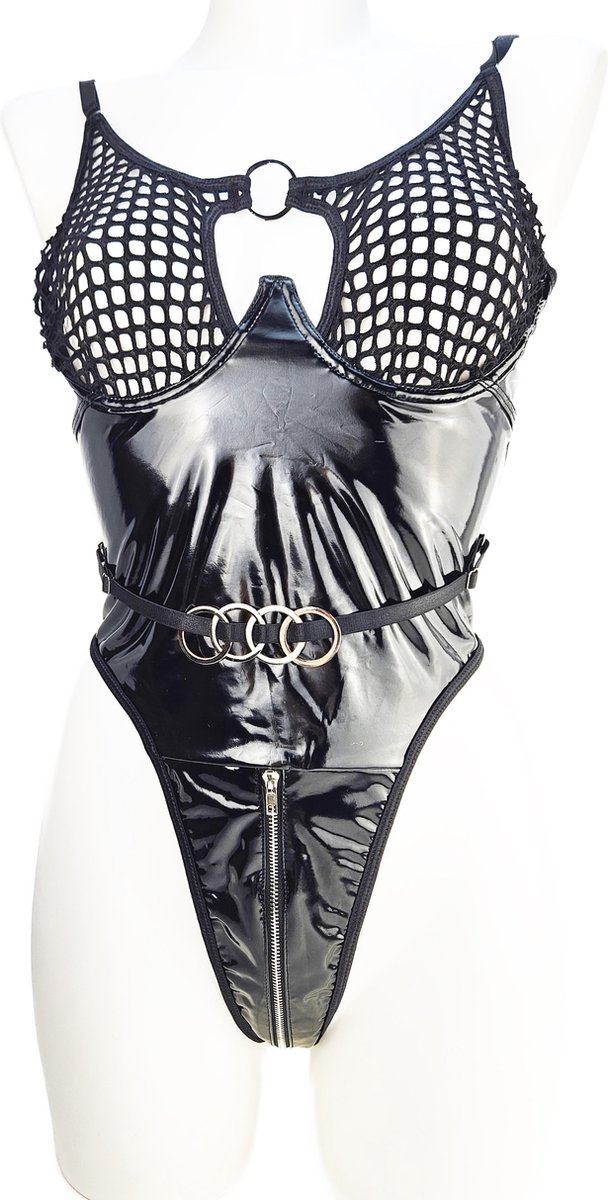 Goedkoopste BamBella ® Bodysuit M/L Datex (Mix Latex en stof) wetlook Erotische jumpsuit pak - Catsuit BDSM - Glanzend