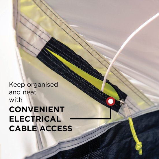 Tent met rits en kabeldoorgang, met de tekst 'CONVENIENT ELECTRICAL CABLE ACCESS'.