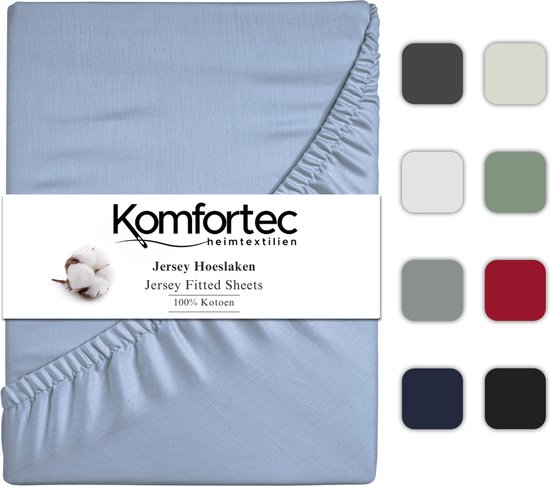 Drap- Hoeslaken Jersey Stretch Komfortec 160x200 cm - Épaisseur du matelas 30 cm - Élastique tout autour - 100% Katoen - Bleu clair