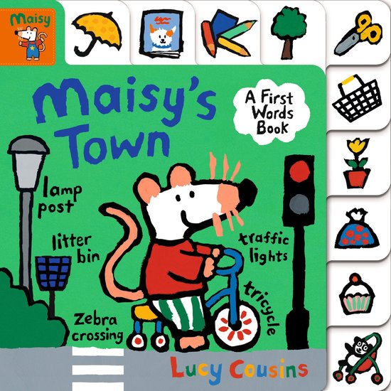 Maisy de muis op een driewieler bij een verkeerslicht, lantaarnpaal en een prullenbak in Maisy's Stad, een boek met eerste woorden.