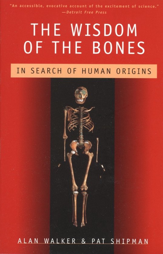 Boekcover 'The Wisdom of the Bones' met een skelet op een zwarte achtergrond en rode rand. Titel in witte letters.