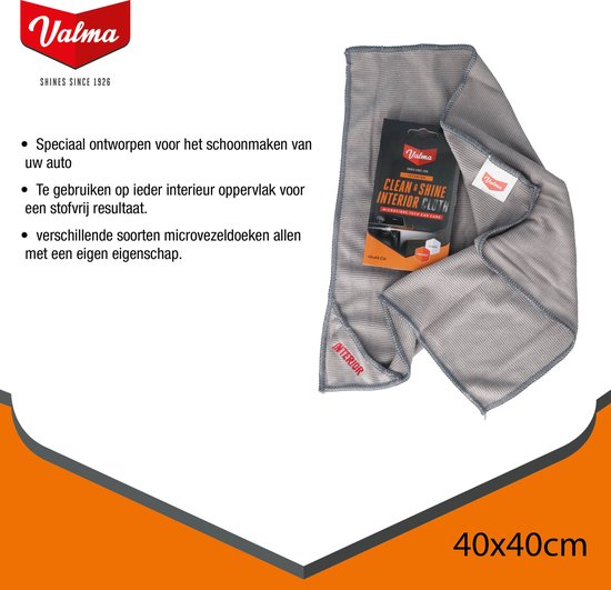 Chiffon microfibre gris, 40x40cm, avec emballage et texte 'Valma Shines since 1926'.
