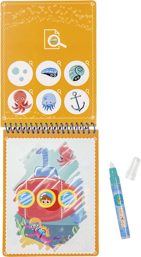 Livre de coloriage magique à l'eau sur le thème 'Sea Life', avec un sous-marin et une page d'activités de recherche.