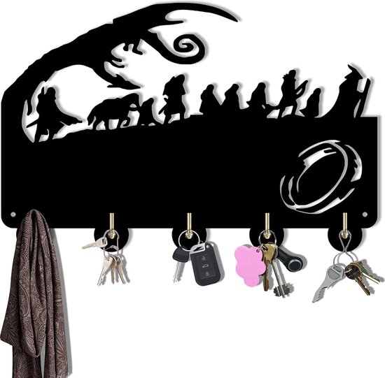 Ringen Sleutelhaken Decor Geschenken Sleutelbord Zwart Hakenrek Zelfklevend met 5 haken Wandmontage Sleutelhouder voor muur, ingang en keuken (1)