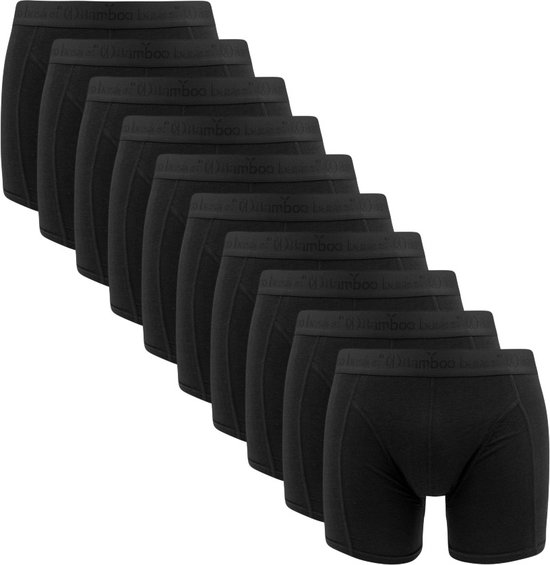 Een rij van tien zwarte bamboe boxershorts, met logo op de tailleband.