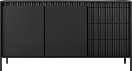Ladekast - 2 deuren - 3 laden - Metalen poten - Ruime planken - Zwarte kleur - 153 cm