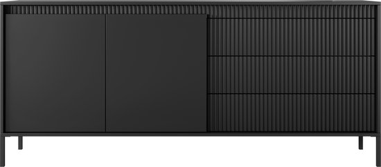 Ladekast - 2 deuren - 3 laden - Metalen poten - Ruime planken - Zwarte kleur - 187 cm