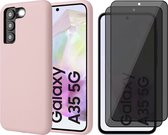 Hoesje geschikt voor Samsung Galaxy A35 - 2x Privacy Screenprotector Volledig Dekkend Glas - Mat Back Case Roze