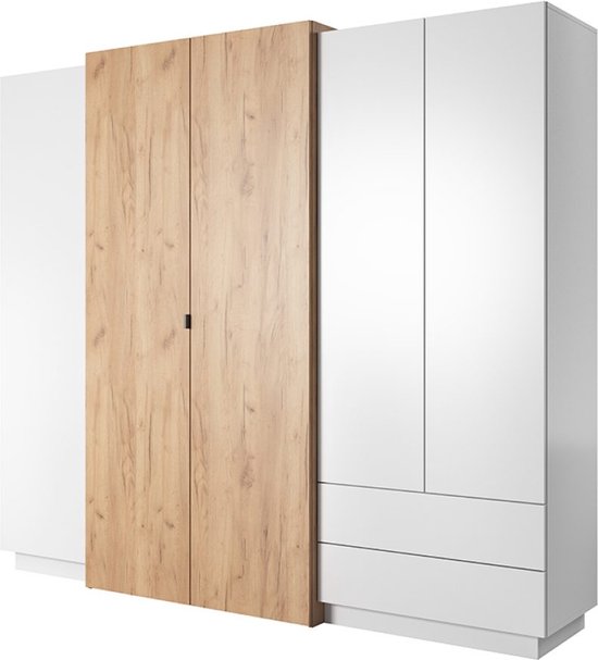 3-deurskast - Kledingkast met planken en laden - Kledingroede - Wit/gouden ambachtelijke eik - 230 cm