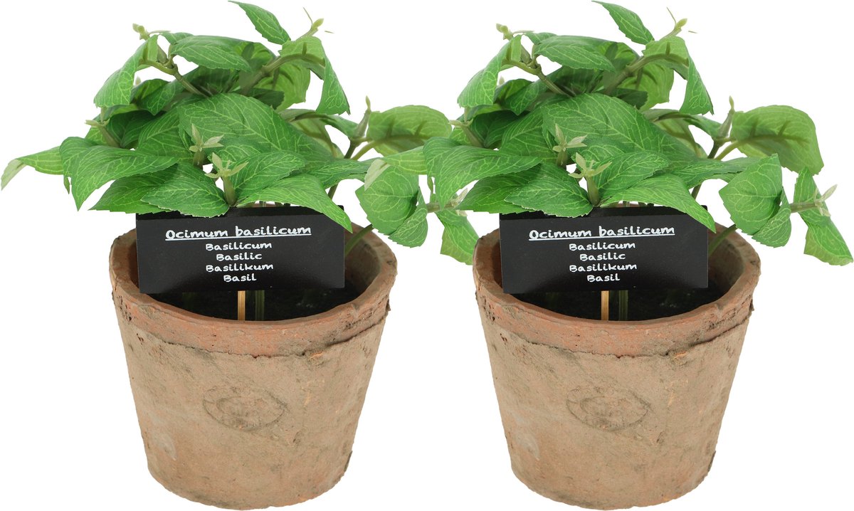 Esschert Design Kunstplant/kruiden basilicum - 2x - in oude terracotta pot - 18 cm - kruiden