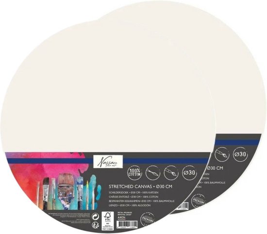 Twee witte ronde schilderdoeken van 30 cm, 100% katoen, met "Nassau Fine Art" logo en verfkwasten.
