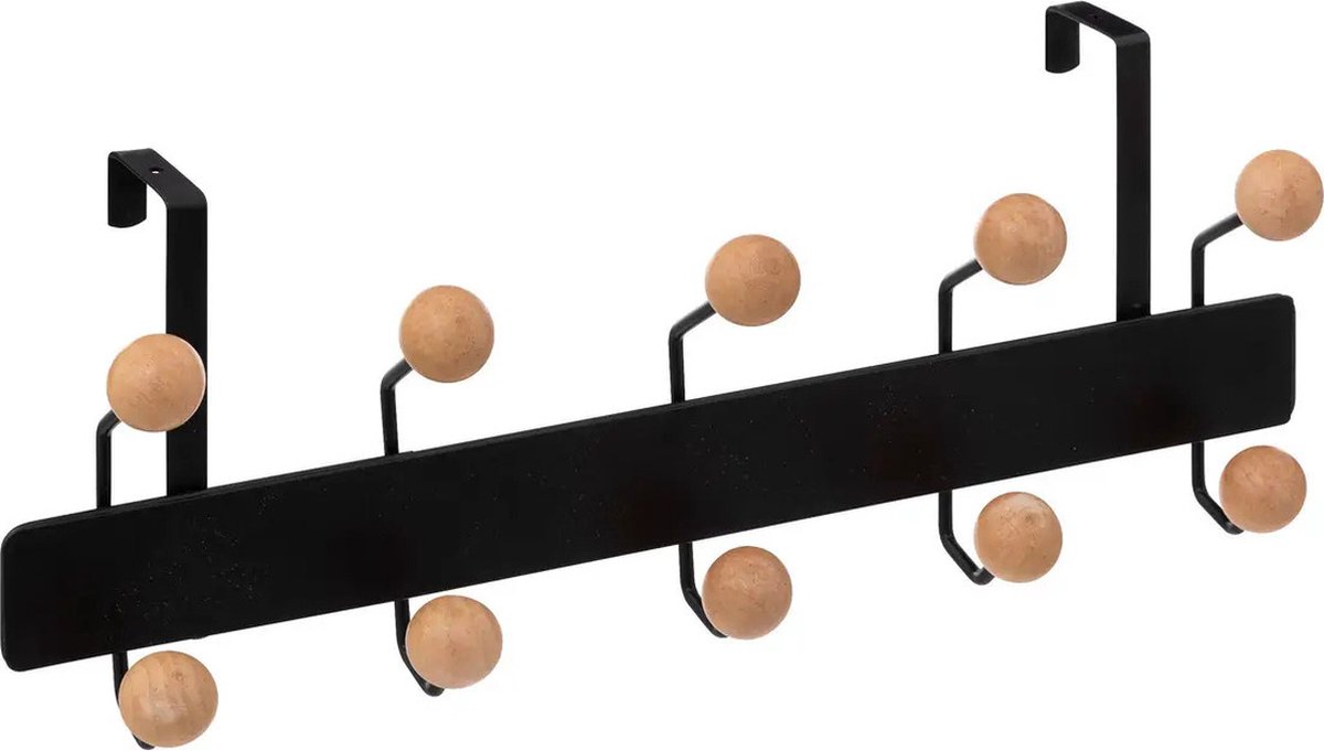 5Five® 5Five Deur ophang kapstok - met 10 ophanghaken/knoppen - zwart/beige - B44 x H17 cm - metaal/hout