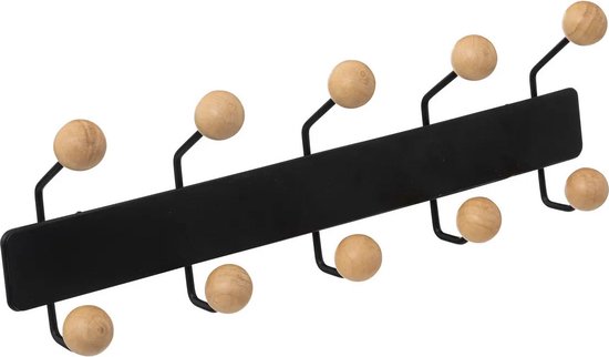 5Five Kapstok rek voor wand/muur - zwart/beige - met 10x houten ophang knoppen - metaal - B44 x H14 cm