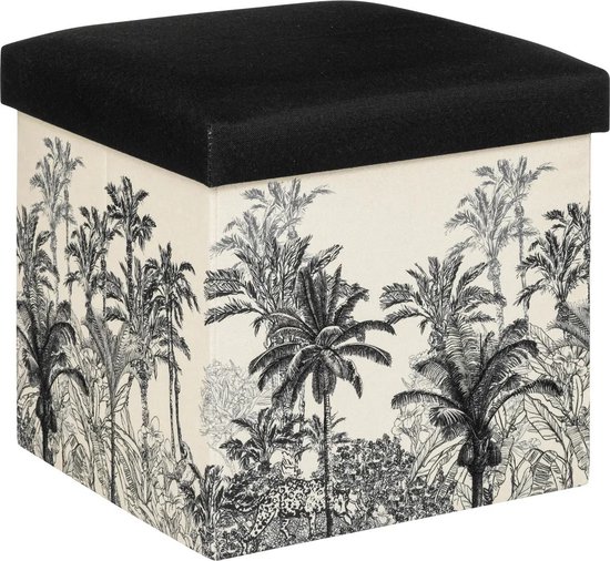 Atmosphera Poef/krukje/hocker Palmtrees - Opvouwbare zit opslag box - creme wit/zwart - D39 x H39 cm - MDF/polyester