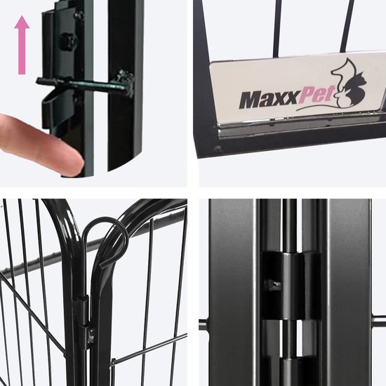 Gedetailleerde opnames van de zwarte metalen puppyren: sluiting, logo MaxxPet, scharnier en verbindingsstang.