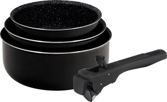Bergner Click & Cook - Koekenpannenset - 3 pannen van geperst aluminium 16, 18 en 20 cm - Met ergonomische verwisselbare greep - Keukengerei - Geschikt voor alle soorten fornuizen - Zwart