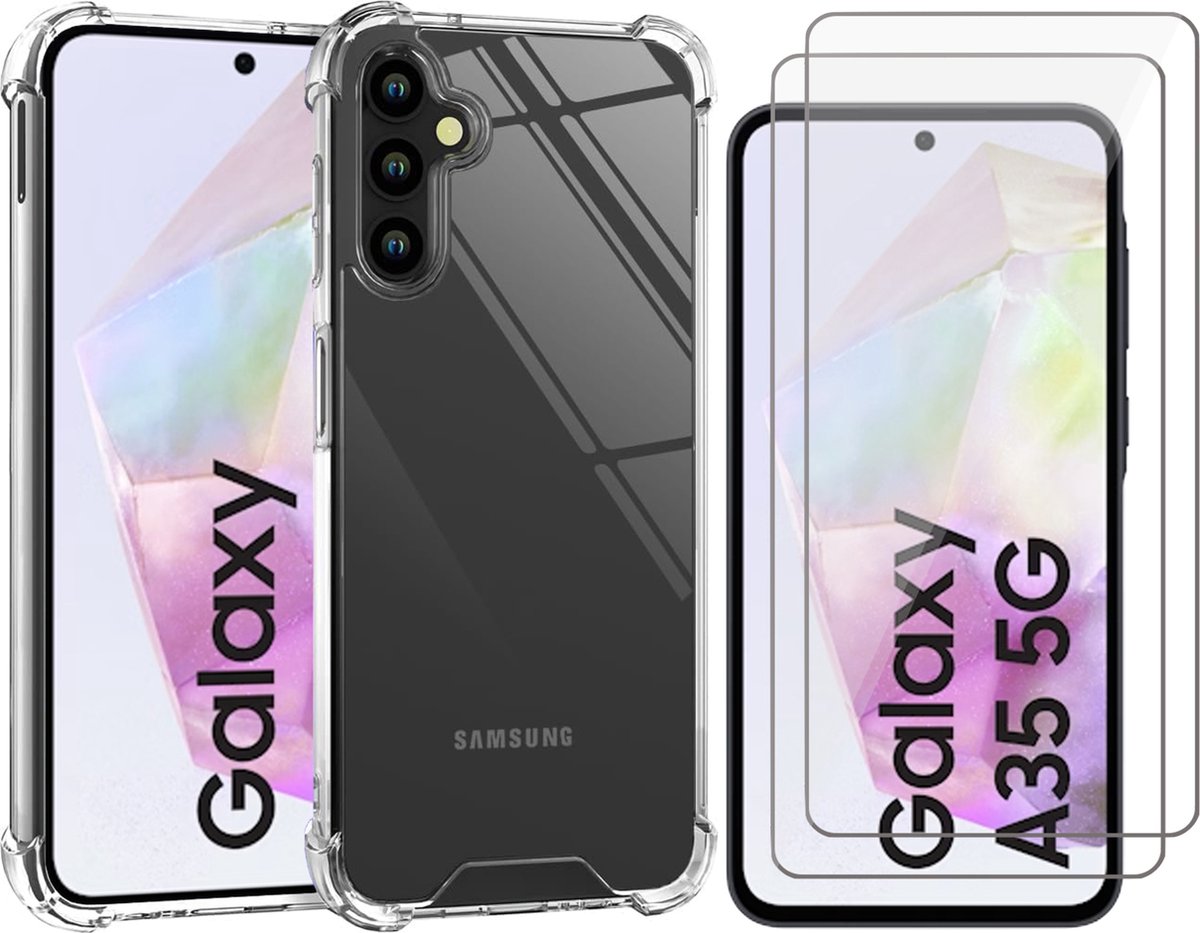 Hoesje geschikt voor Samsung Galaxy A35 - 2x Screenprotector Glas - Shockproof Transparant