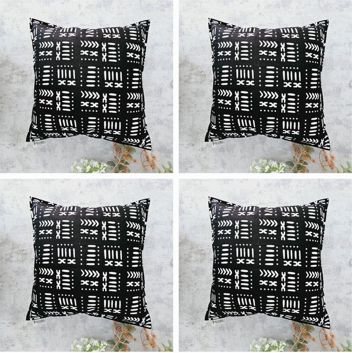Mashona Collections Set Van 4 Kussenhoes 45x45cm | Decoratieve Kussensloop | Sierkussens | Afrikaanse Boheemse Stijl Geometrische 'Mudcloth' Bogolan Geïnspireerd Print Woondecoratie Sierkussen Katoen Etnische Kussenhoes Case Black Mudcloth Print