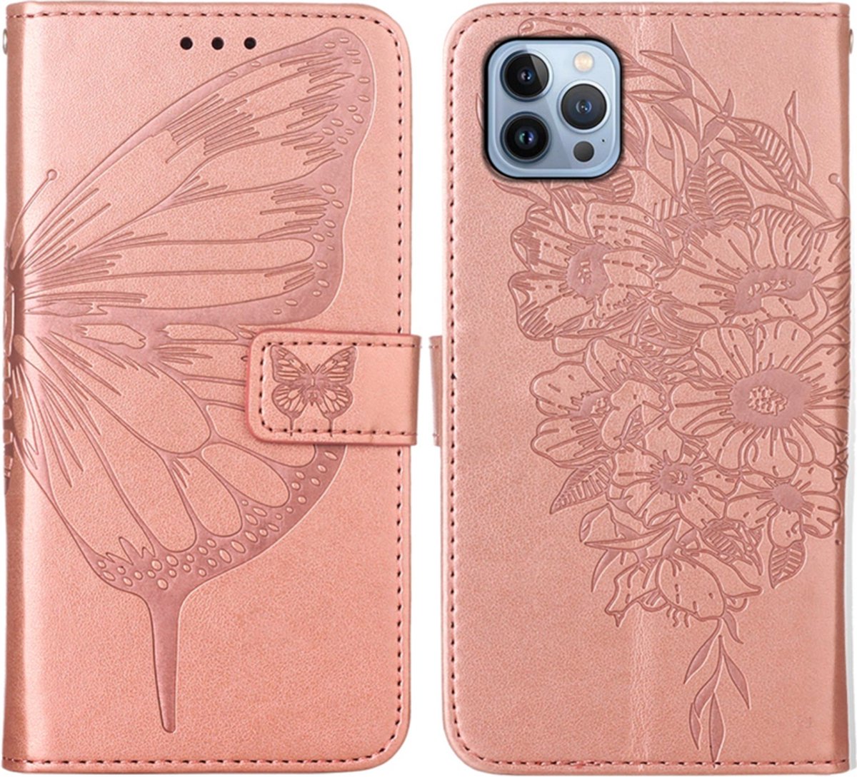 PU BookCover Hoes Etui geschikt voor iPhone 15 PRO MAX Roze-Goud Vlinder - Bloem Motief