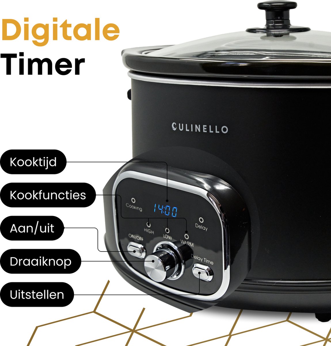 Afbeelding 3 van Culinello® Digitale Slowcooker met Timer – 5.6 Liter – Incl. Digitaal Kookboek – Uitstelbare Timer – Uitneembare Keramische Binnenpan – 3 Warmtestanden – Zwart