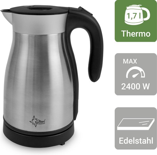 SUNTEC WAK-8489 THERMO Waterkoker RVS – Ook te gebruiken als thermoskan - Dubbelwandig - 1,7 liter - Max. 2200 Watt - Automatische uitschakeling - Maataanduiding aan de binnenkant
