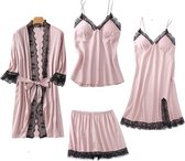 Xd Xtreme - 4-delig - Nachtkledingset roze / zwart L - nachtkleding - kimono - nachtjapon - badjas - ochtendjas - satijn - lingerie set - bodysuit - sexy - pyjama short en top - sleepwear - loungewear - neglige