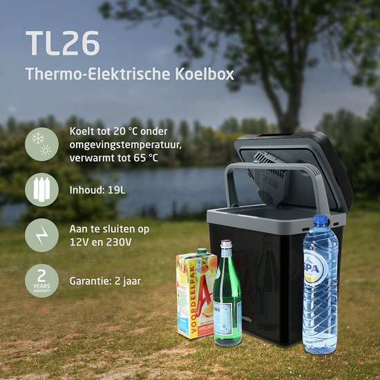 Travellife TL26 thermo-elektrische koelbox van 19L, koelt tot 20°C onder omgevingstemperatuur, verwarmt tot 65°C. Inclusief frisdrank, sappen en een waterfles.