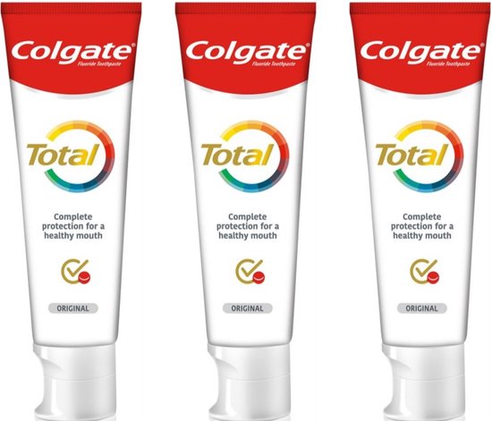 Trois tubes de dentifrice Colgate Total Fluoride Original, avec logo et diamant coloré.