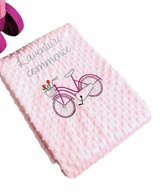 Pink baby blanket with a bicycle and dedication in French embroidered
