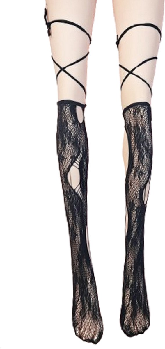 Goedkoopste BamBella® - Erotische gaten gaas panty kousen dames - Sexy hoge sokken zwart