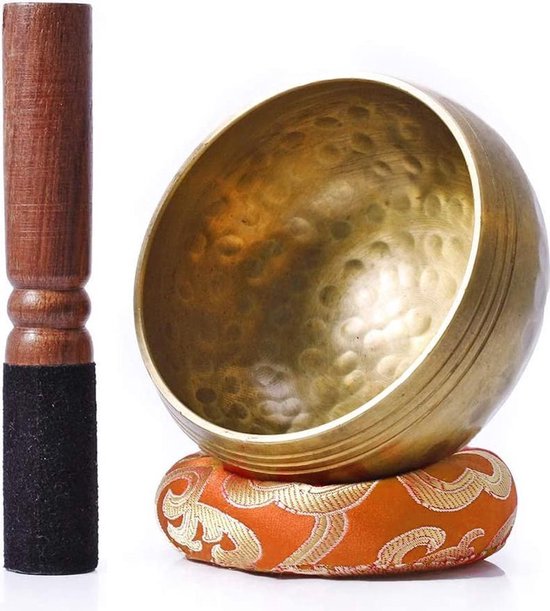 Tibetaanse Klankschaal Set | Meditatie Schaal met Aanstrijkhout & Kussen | Singing Bowl | Klank Schaal | Yoga, Chakra | Oranje - 8 cm - SpiritHike