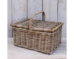 MigoStyling - Picknickmand - Met Hengsel - Riet - Rotan - L50 x Br35 x H27 cm - Twee kleppen - Decoratie - Kerstpakket - Picknick